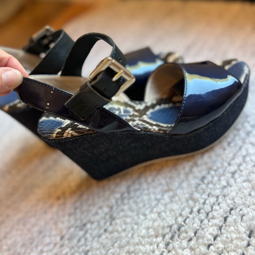 AGL Women’s Snakeskin Leather Patent Navy Denim Ankle Strap Wedges Shoes - Picture 11 of 15